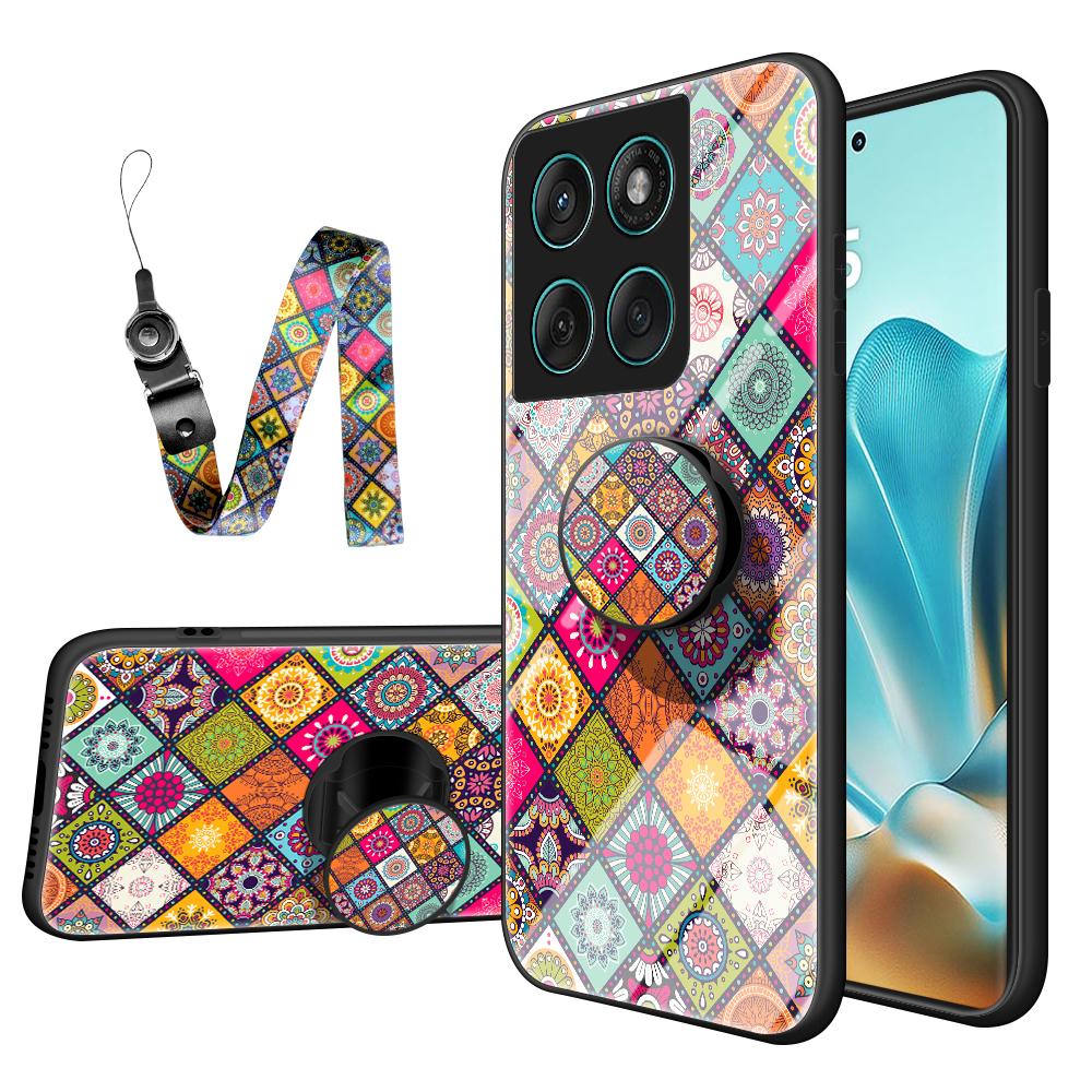 For Motorola Edge 60 Fusion 5G/Edge 60 5G Case Kickstand Ethnic Pattern Tempered Glass Phone Cover with Strap