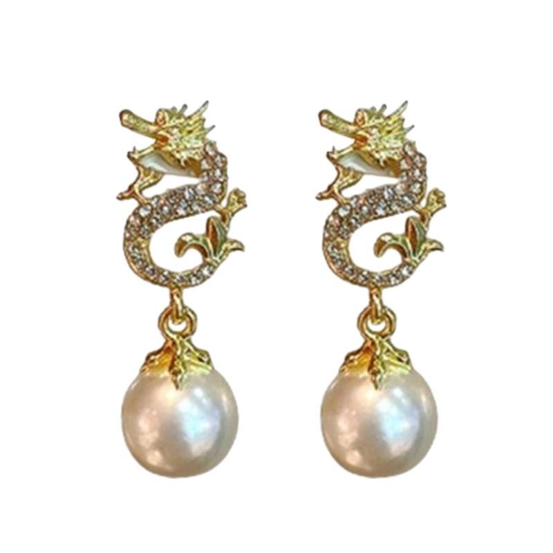 Модные и Стильные Серьги-Драконы Ювелирные Изделия Изысканные Серьги-Драконы с Инкрустацией Бриллиантами Элегантные Подвески для Ушей с Жемчугом