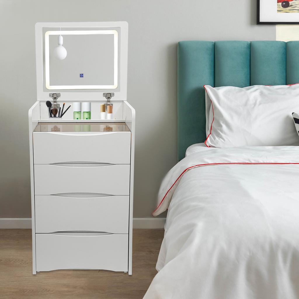 Γραφείο Κονσόλας με Αναδιπλούμενο Καπάκι και Καθρέφτη με Φωτισμό LED, Φωτισμός 3 Χρωμάτων Ρυθμιζόμενης Έντασης, Μεγάλα Συρτάρια Αποθήκευσης, Τουαλέτα Μακιγιάζ με Σκαμπό