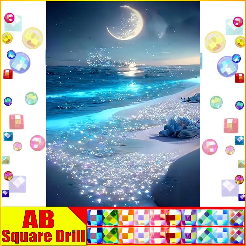 

Fairy Dust AB Rhinestone Painting Crystal Decor Diy Diamond Painting Scenery Beach Moon 3D Pattern Diamond Embroidery 15x20cm
