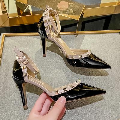 Sandali Donna Rivettati in Vera Pelle Nera Tacco Alto Nuovi Tacco Sottile Punta Affilata Bocca Bassa Striscia Estate Scarpe a Tacco da Donna 6cm/8cm