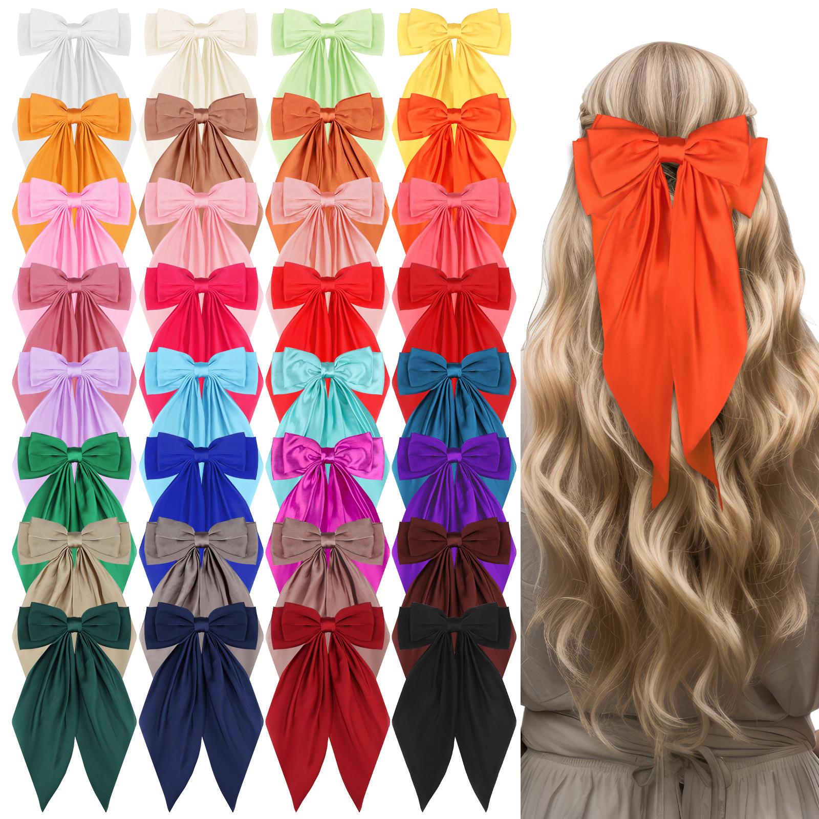 32Pcs Satin Hair Bows Bulk Big Hair Bows For Women Large Hair Ribbons Silky Satin Oversized Hair Bows Long Tail Large Hair Barre чёрный