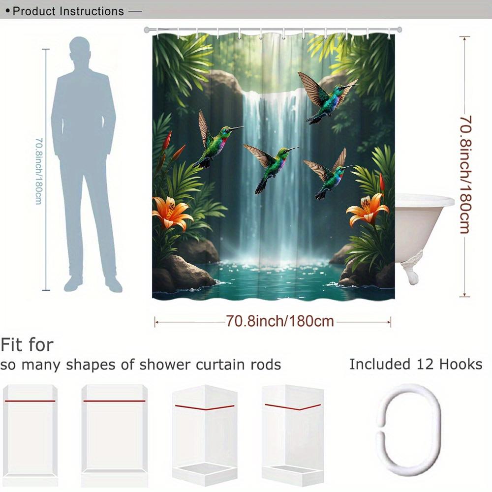 Hummingbird Waterfall Shower Curtain Tropical Birds, Lush Greenery & Orange Flowers, Nature Art Bath Curtain For Home Decor