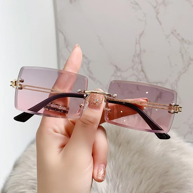 Rimless Rectangle Vintage Sunglasses Woman Brand Pink Gradient Sun Glasses Female Cutting Lens Square Ladies
