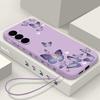 Purple Butterfly Lanyard Case For Samsung Galaxy S26 S25 S23 Ultra S23 S24 FE A17 A55 A56  A54 A35 A26 A15 A16 5G Soft TPU Cover