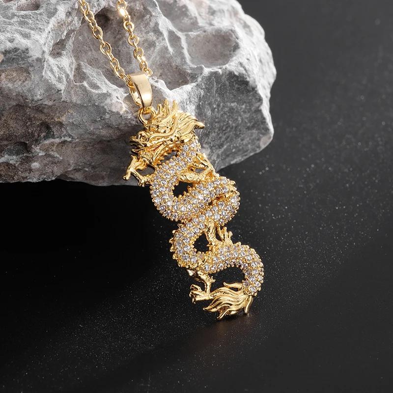 Vintage Chinesisches Drachen Tierkreiszeichen Anhänger Halskette Kette Unisex Mode Gotisch Amulett Talisman Strass Schmuck Party Geschenk