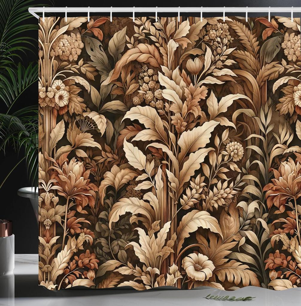 Aesthetic Boho Shower Curtain, Bold Exotic Leaves In Warm Tones, Rustic Burnt Orange Teal Blue, Fabric Set With Hooks