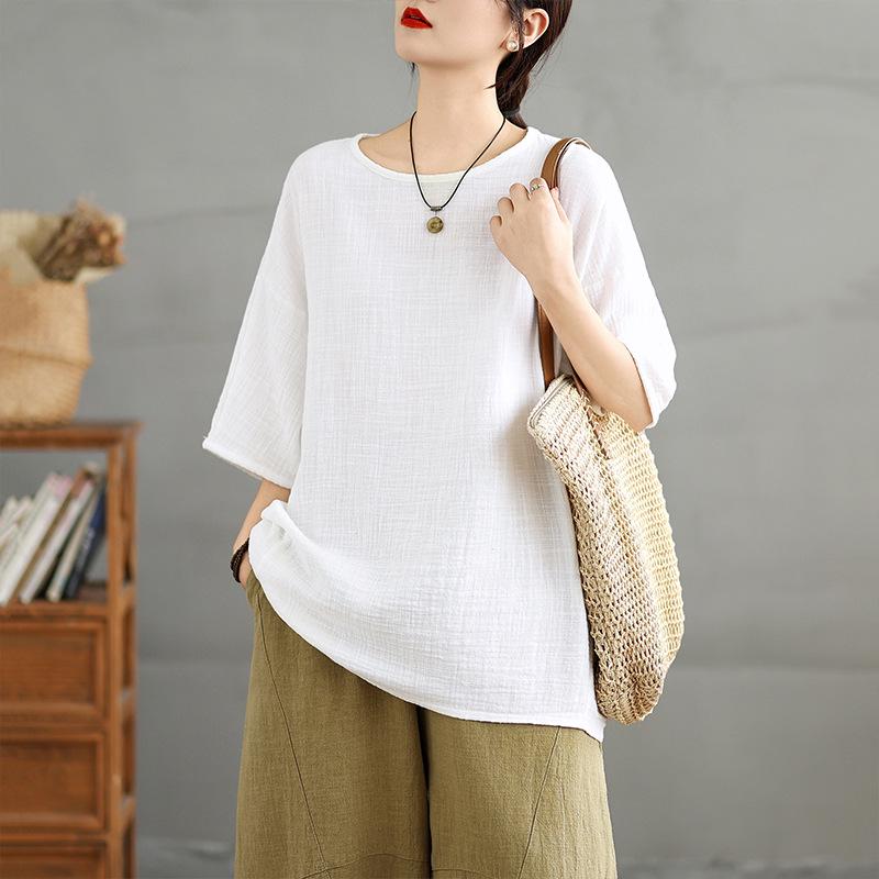 

Artistic Retro Short Sleeve Linen Top - Women s Summer Zen Style with Frog Button Details XXL білий