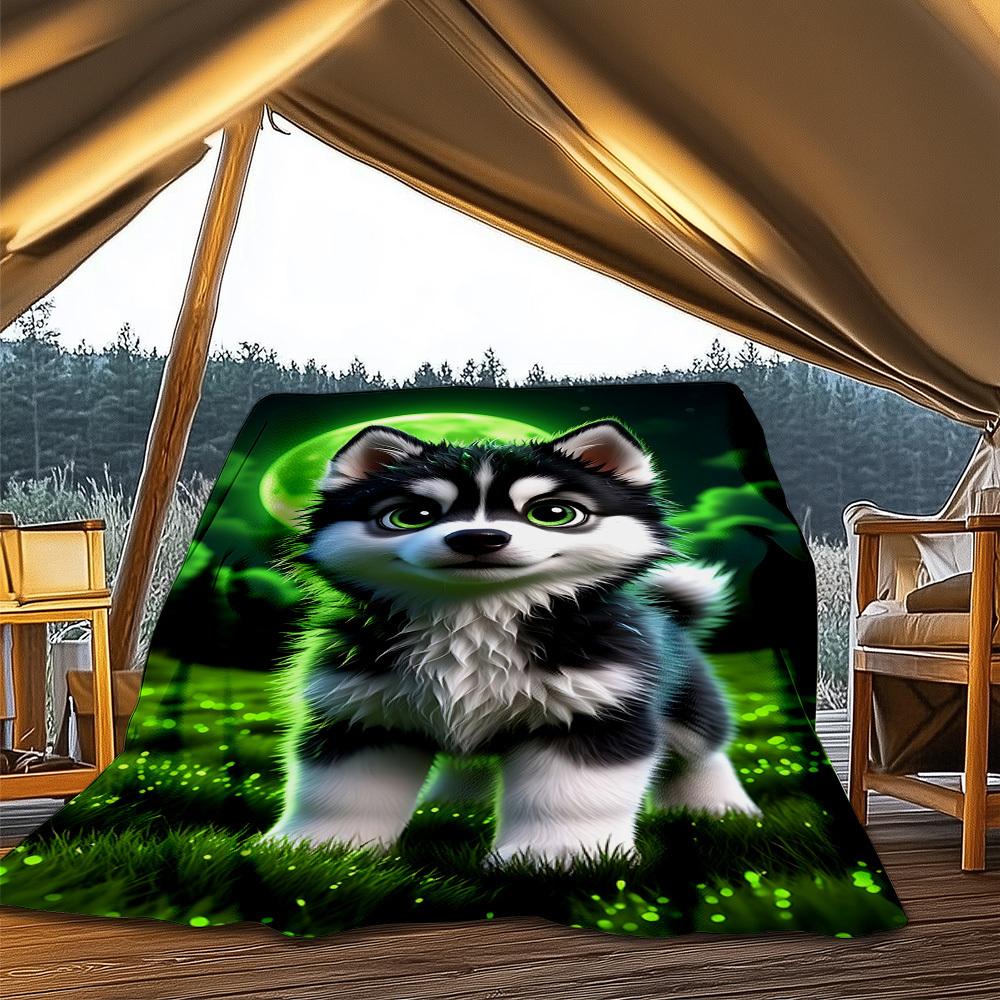 1pc Husky Puppy Throw Blanket Polyester Fiber, Lightweight Flannel, Soft & Warm, All Season Use for Outdoor, Camping Digital Print