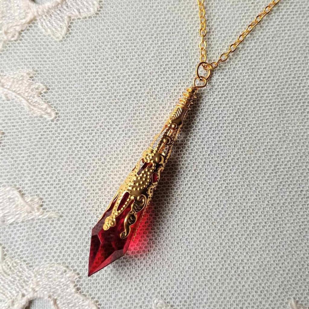 Gothic Retro Gold Color Filigree Red Glass Crystal Cone Pendant Necklace for Women Halloween Party Victorian Witch Magic Jewelry