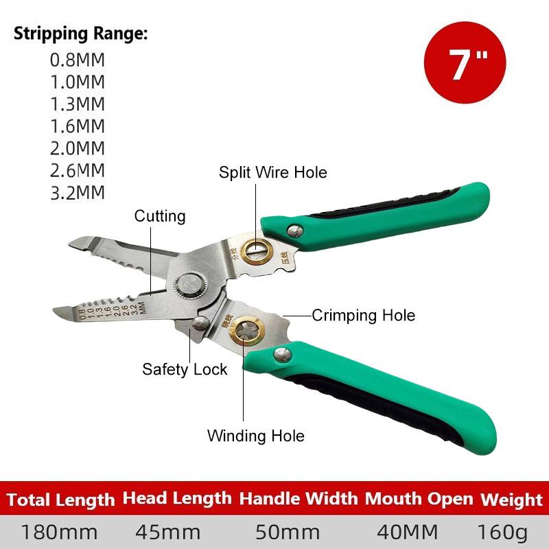 Multi-Functional Wire Stripper Pliers 2-Core Wire Separator Electrician Tool Cable Stripping Crimping Winding Pliers зелёный