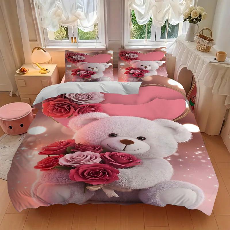 3pcs Pink Teddy Bear with Roses Bedding Set - Includes One Quilt Cover and Two Pillowcases (No Core) - Anime Cartoon Design, Polyester Fabri