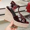 Fashion Cross Straps Open Toe Wedges Women Sandals Solid Color Open Toe Real Patent Leather Espadrilles Shoes Newest Summer 14cm Heels