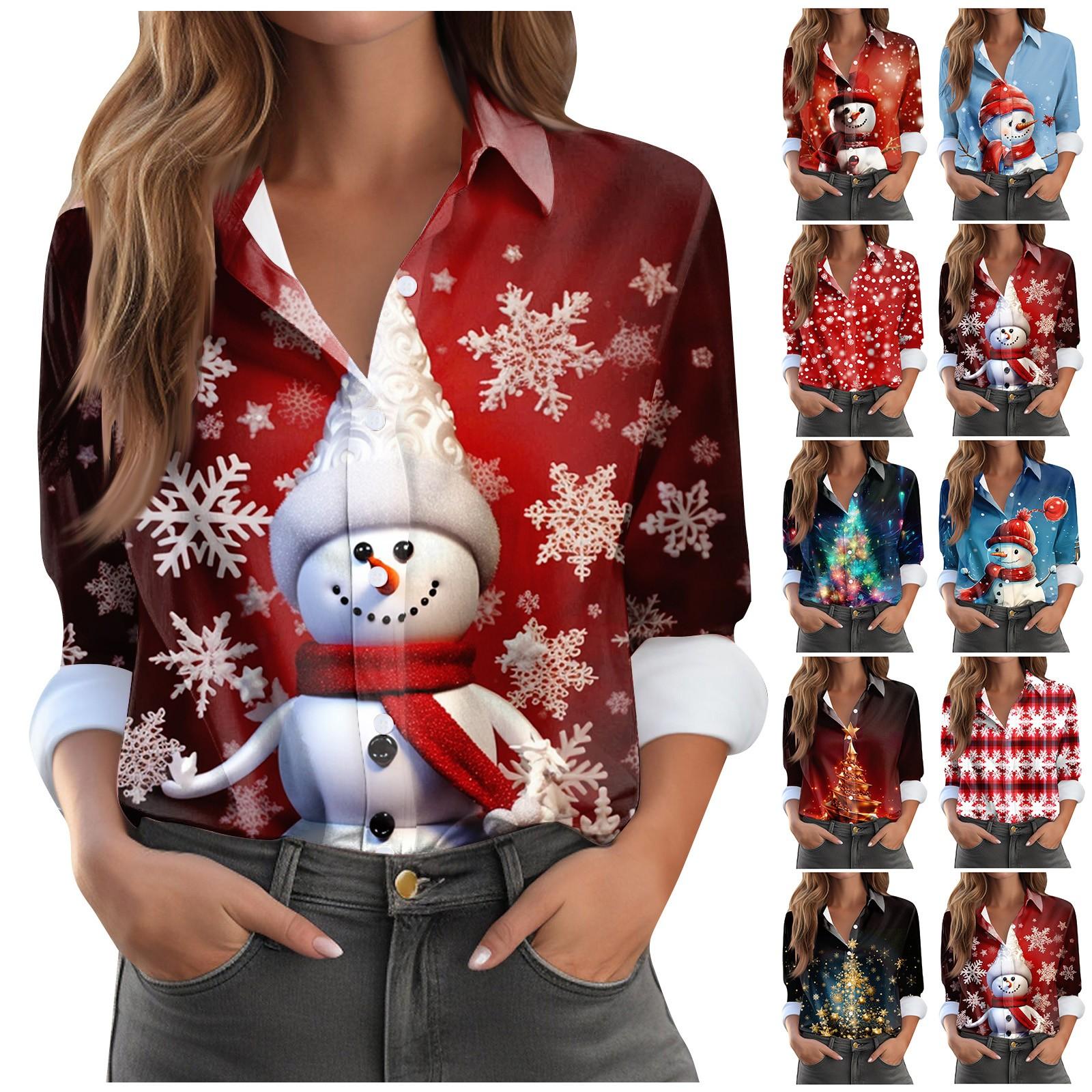 

Женская рубашка-блузка с рождественским принтом и пуговицами, длинный рукав, повседневный базовый рубашечный воротник, обычный топ