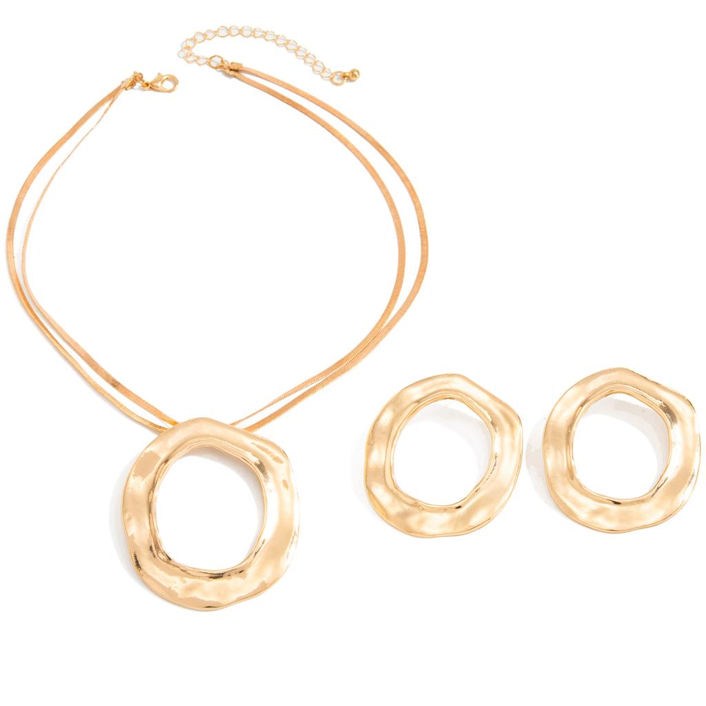 Salircon Exaggerated Geometric Circular Hollow Pendant Necklace Earring Set Women HipHop Flat Snake Metal Clavicle Chain Jewelry