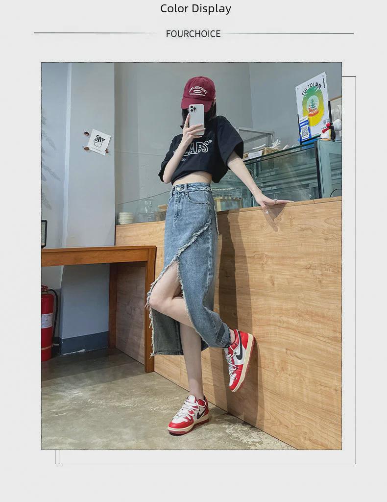 High Waist Irregular Slit Denim Skirt - Women's Black/Gray A-Line Hip Skirt with Raw Edges