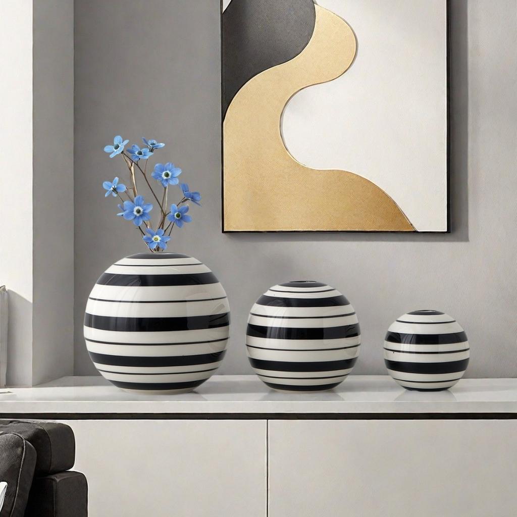Ceramic Vase Black and White Striped Round Ball Geometric Lines Flower Vase Flower Arrangement Accessories Home Decoration