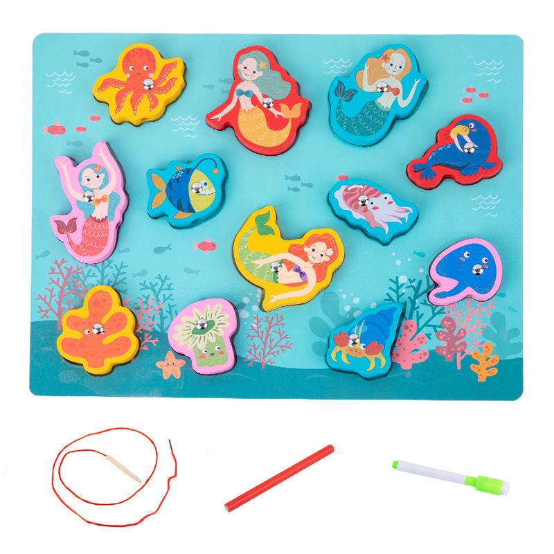 Children's Double-Sided Wooden Activity Board: Matching, Stringing, Drawing, Beading, and Fishing Educational Toy