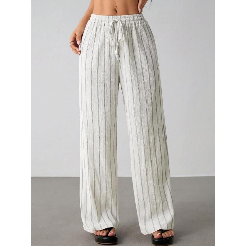 Womens Striped Wide Leg Pants Loose Casual Drawstring Elastic Waist Contrast Color Multicolor