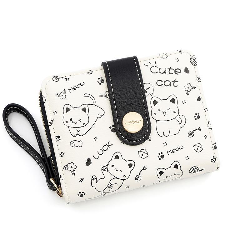Japanese Cute Kitten Women's Wallet: Short Student Card Holder & Zipper Coin Purse