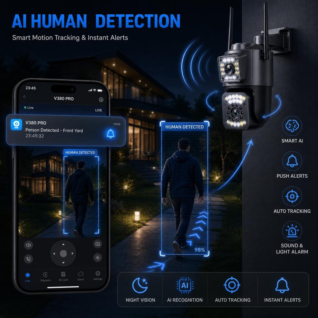 V380 PRO APP Dual-Objektiv 4G Kamera HD 8MP Außenkamera IP66 Wasserdicht Zwei-Wege-Gespräch Farb-Nachtsicht Mobile Überwachung CCTV