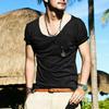 Men T-shirt Large V Neck Thin Solid Color Slim Fit Soft Short Sleeves Mid