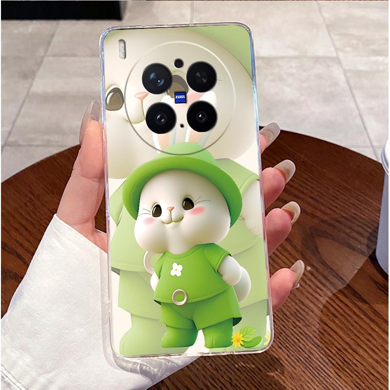 Green Fluffy Cartoon Rabbit Pattern Phone Case For Vivo X300 Pro Transparent TPU Soft Cover Shockproof Couple Protective Shell