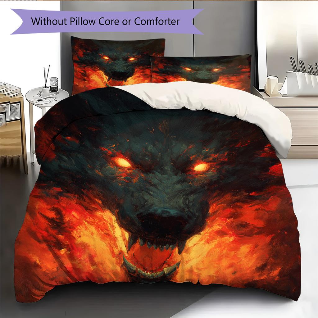 Flame Wolf Pattern Bedding Quilt Set Quilt Cover Pillowcase Home Decoration Gift (1 * duvet cover + 2 * pillowcase, without core)