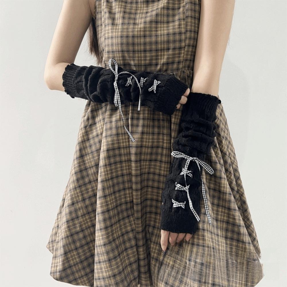 New Long Arm Warmer Gloves Knitted Cold Proof Warm Arm Sleeve with Ribbon Fingerless Gloves Women