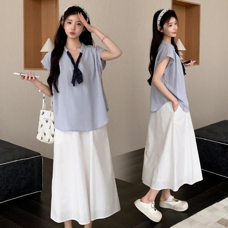 

Korean Summer Loose Fit Silk Patchwork Tie-Up Shirt & Belly-Cover Support Skirt Set M