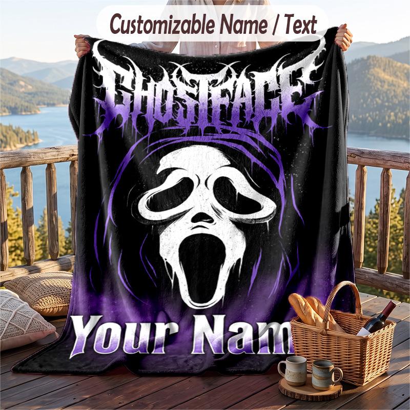 Custom Text Flannel Throw Blanket, Lightweight Cozy Bed Sofa BlanketScream Ghostface