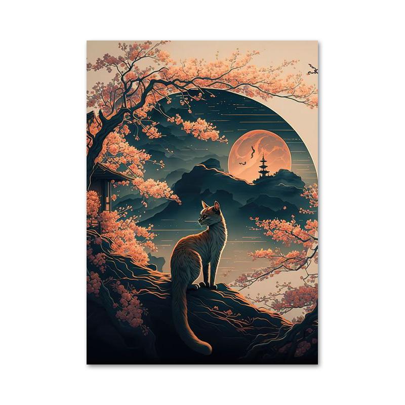 Japanische lustige Tierkatze Kirschblüte Poster und Drucke Leinwand Gemälde Wand Kunst Bilder für Wohnzimmer Wohnkultur