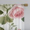 2Pcs Elegant Floral Print Sheer Curtains, Pink Roses & Green Leaves, Machine Washable Polyester, Rod Pocket Design, 100-120Gsm,