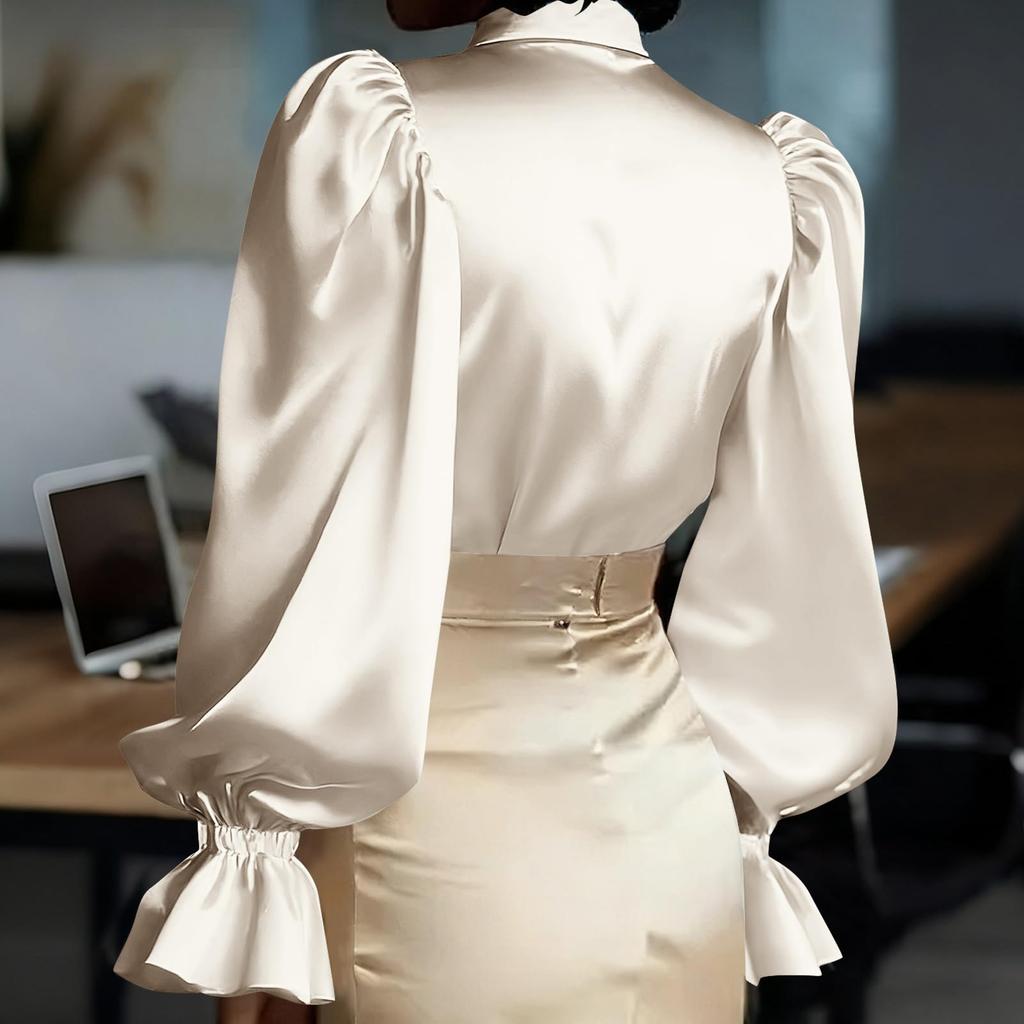 Long Sleeve Button Down Satin Blouse for Women Classic Collar Puff Sleeve Shirt with Ruffle Cuffs Office Wear Top
