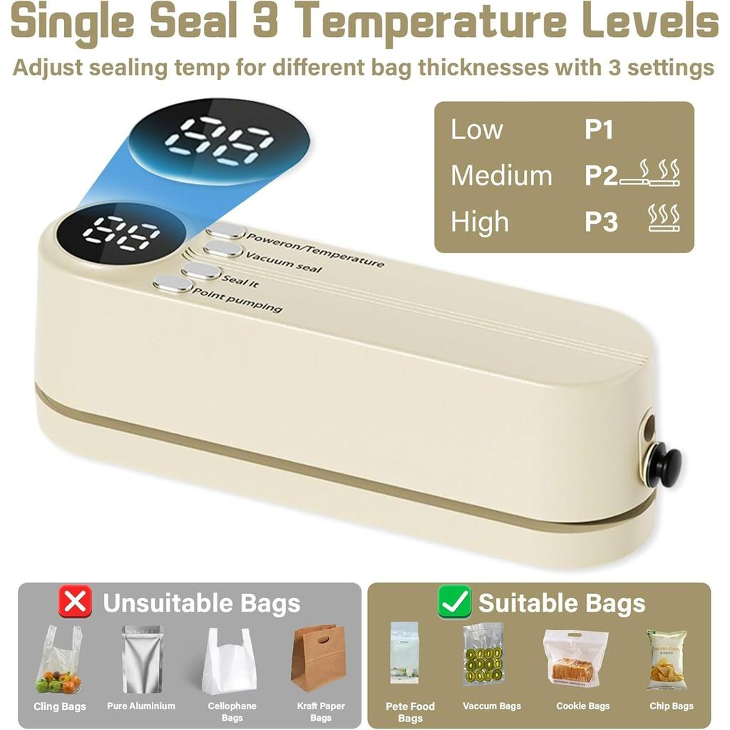 Food Storage Vacuum Sealer Machine,3 in 1 Mini Cordless Rechargeable Food Sealer for Dry/Moist Food Storage,4 Snack Bags,1 Storage Bag,Inflation Pump