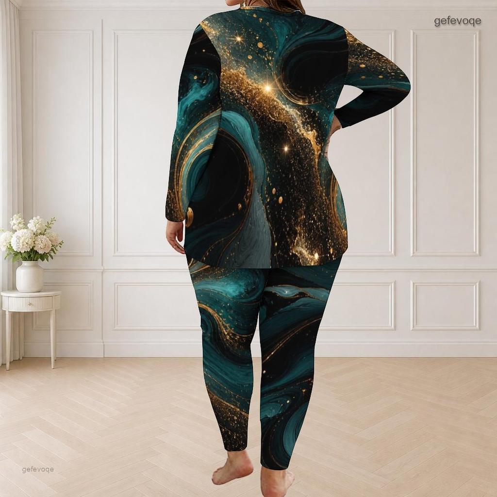 Women Plus Size Pants Set Round Neck Long Sleeve Black Teal Gold Printed Longline Top Fitted Pants