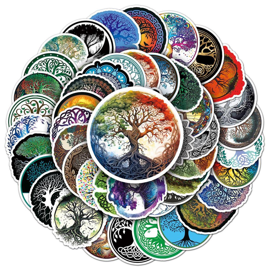50pcs Tree of Life Graffiti Trend Totem Waterproof Stickers for Water Bottles, Skateboards, and Suitcases