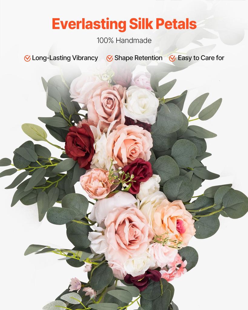 VEVOR Artificial Wedding Arch Flowers Kit, Pink Wedding Arch Flowers with Drapes Kit (Pack of 5) - 2 Pcs Floral Arrangement, 3 Pcs Sheer Drapes