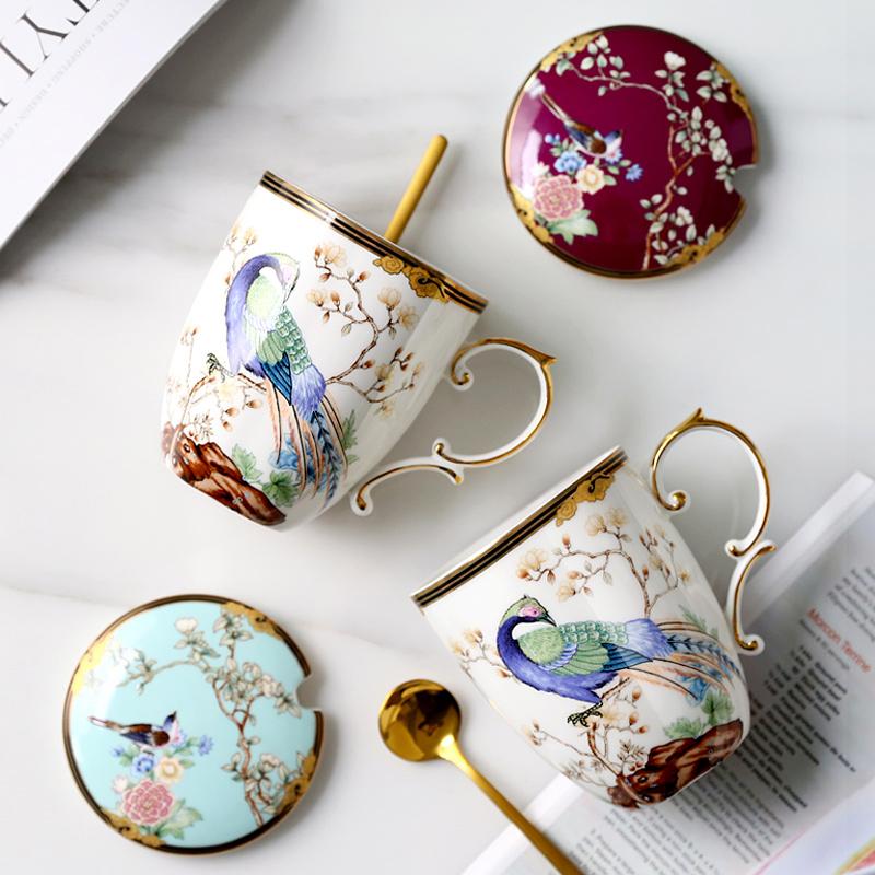 400ml Luxury High-Grade Bone China Chinese Style  Tea Cup with Lid Spoon Ceramic Flower Bird  Mug drinkware Gifts