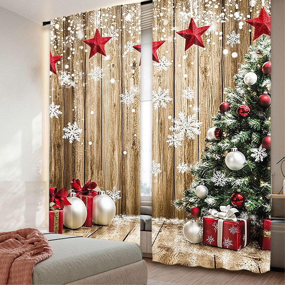 Rustic Christmas Curtains Snow Tree Gifts Party Decoration Suitable Bedroom Living Room Dining Set Of 2 Made Polyester Sitting Decor