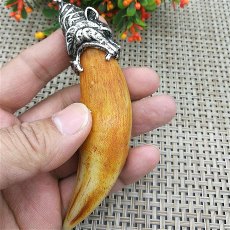 Chinese Antique Boars Tooth Wild Hog Silver Dragon Protective Talisman Pendant
