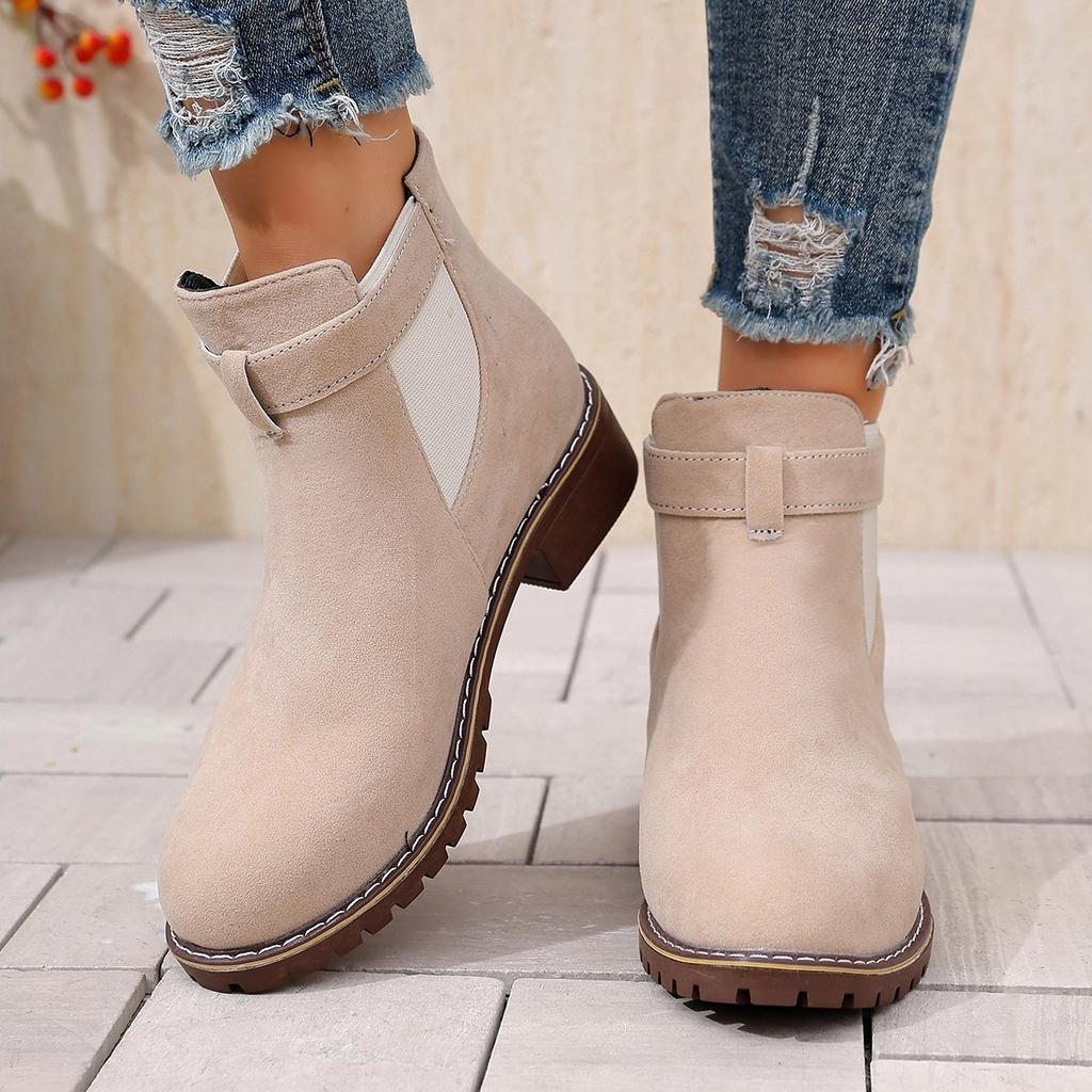 2025 Fall Mid-Heel Ankle Boots Women's Boots Plus Size Round Toe Solid Color Buckle Strap Martin Boots