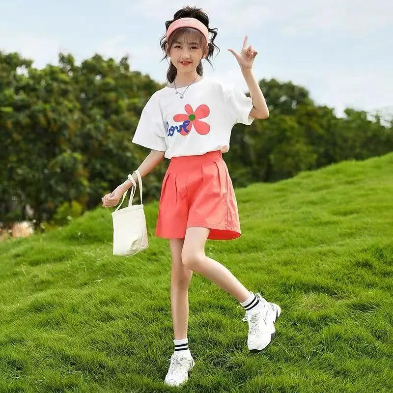 Summer Girls' Set, Children's Short Sleeved Shorts, Mid Size Children's Sports Two-piece Set, Girls' Fashion