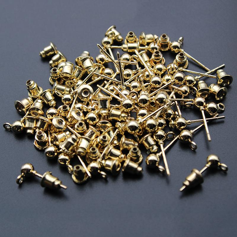 50Pcs/lot 3 4 5mm Gold Silver Ball Beads Stud Earring Ear pin Post Stopper Earplugs For Jewelry Making Findings DIY Accessories