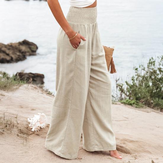 Women Pants Pleated Elastic High Waist Wide Leg Trousers with Pockets Pure Color Loose Fit Spring Casual Long Pants