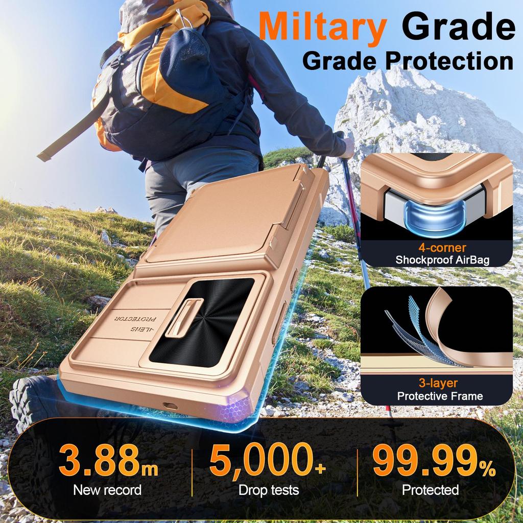 With Card Holder Sliding Camera Cover And Stand For Samsung Galaxy S25 Ultra Phone Case, Anti-Fall PC+TPU Wallet Case-Champagne