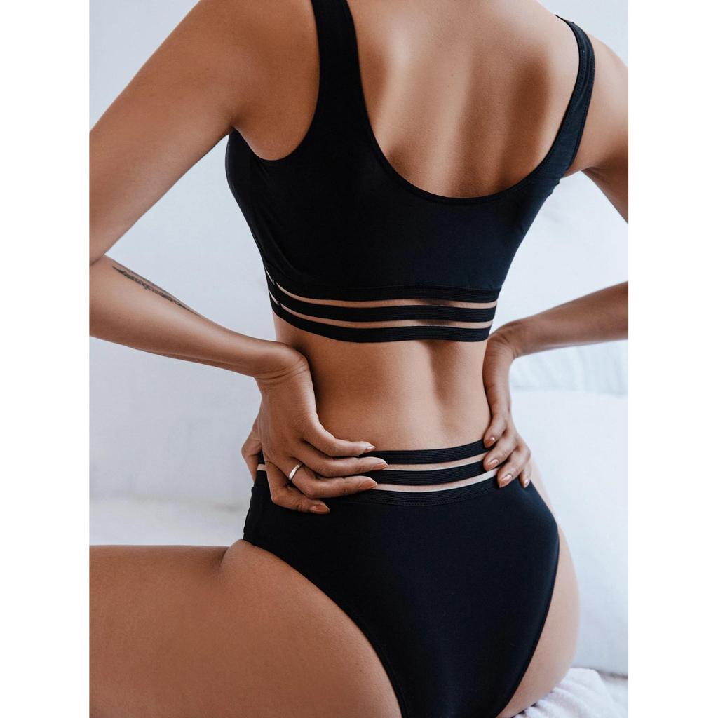 Swimsuit Women's Split Triangle High Waist Black Halter Neck Backless Solid Color Bikini Sets