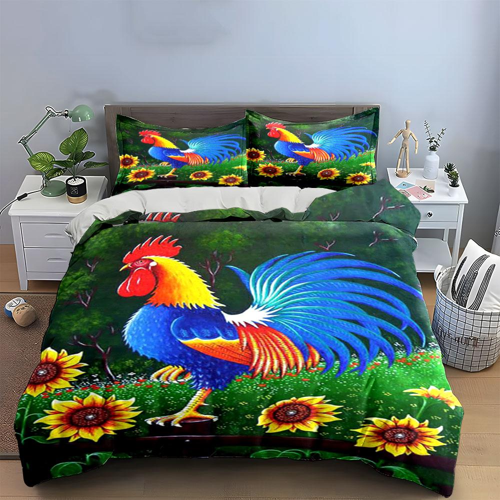 Colorful Rooster Floral Wall Art Multiple Sizes Kid'S And Adults' Bedroom Exquisite 3Pc Bedding Set, Gift