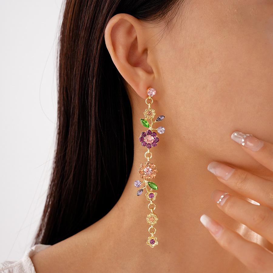 Retro diamond-encrusted branches and leaves flower long silver needle earrings niche super fairy sweet earrings