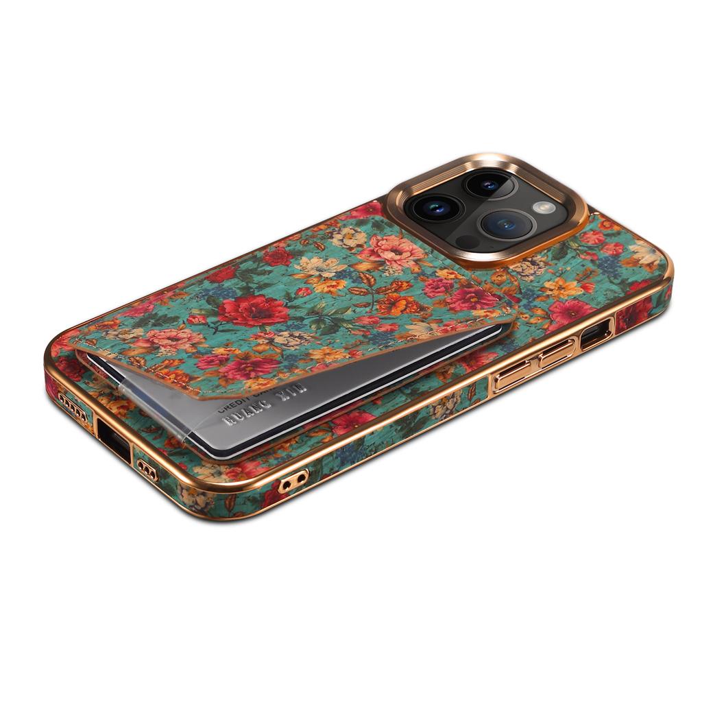 For iPhone 15 Pro Max Card Slots Kickstand Phone Case PU Leather Coated PC+TPU Flower Pattern Printed Cover